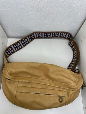 Tan Leather Crossbody Bag with Patterned Adjustable Strap